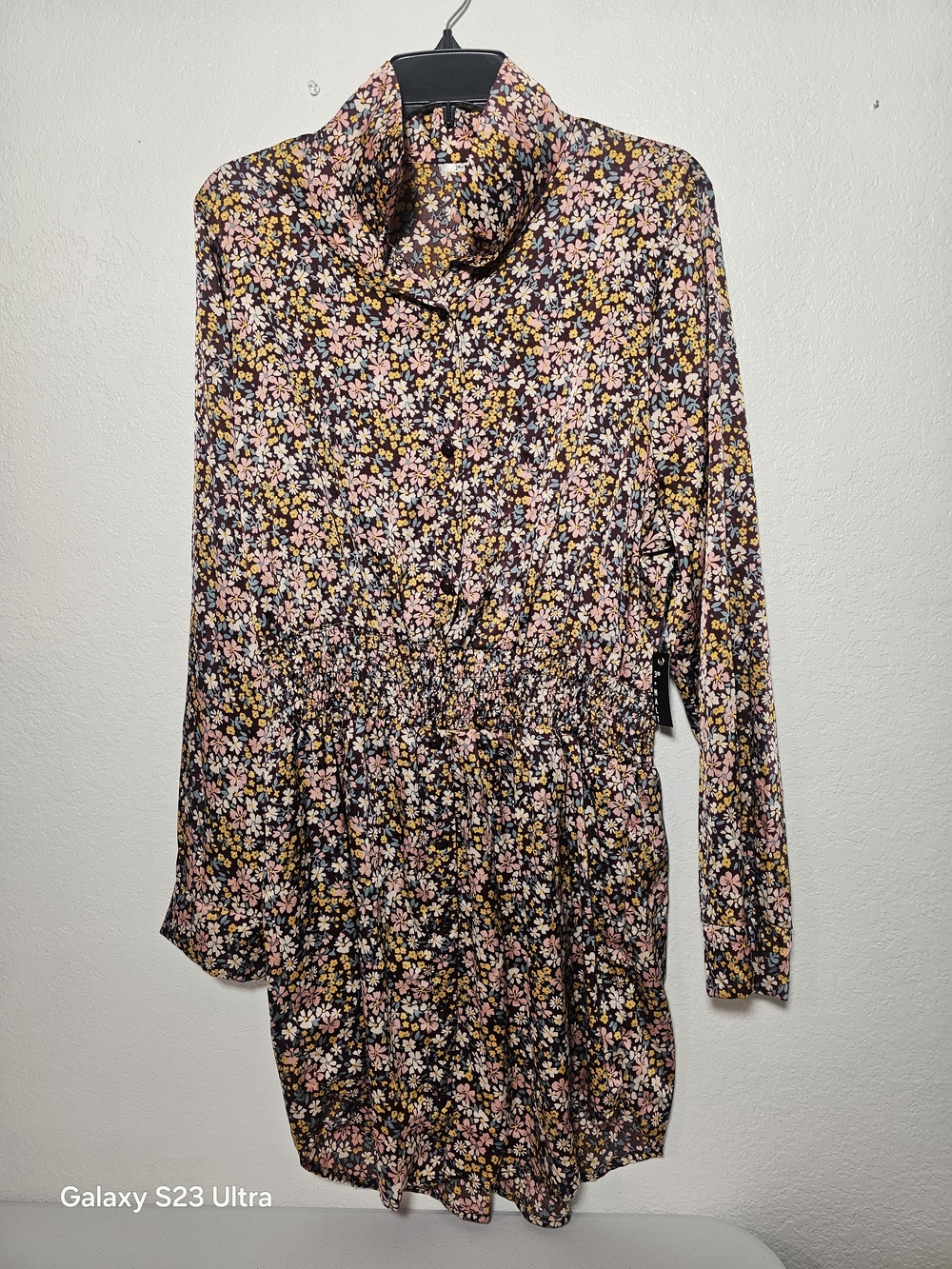 3rd + MALT M Women's Multicolor Floral Collared Smocked Short Long Sleeve Dress
